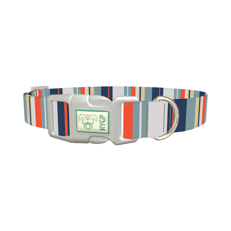 Beige Blue Stripe Dog Collar - plastic silver