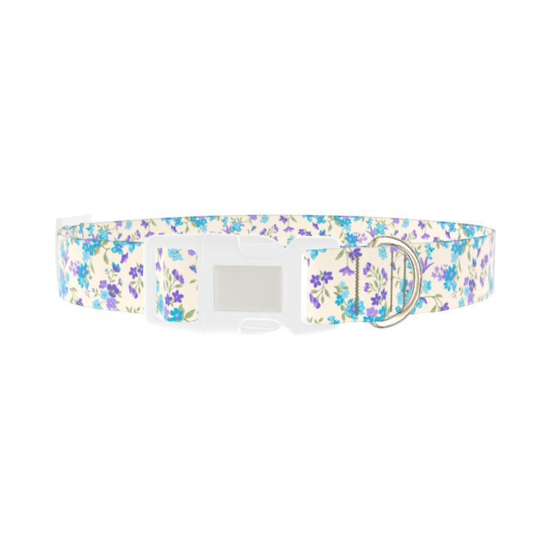 Blue Purple Floral Dog Collar - plastic silver
