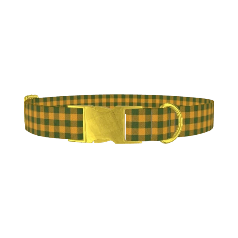 Green Yellow Checkered Dog Collar - metal gold