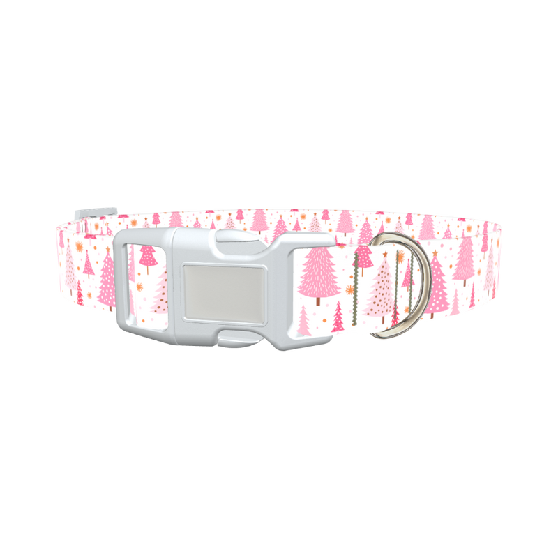 Pink Festive Trees Dog Collar - plastic gold