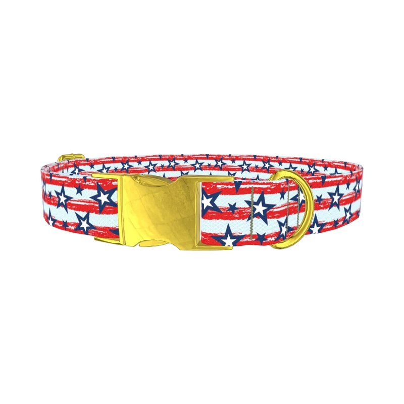 Patriotic Stripes Stars Dog Collar - metal gold