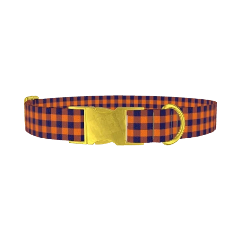 Plaid Orange Dog Collar - metal gold