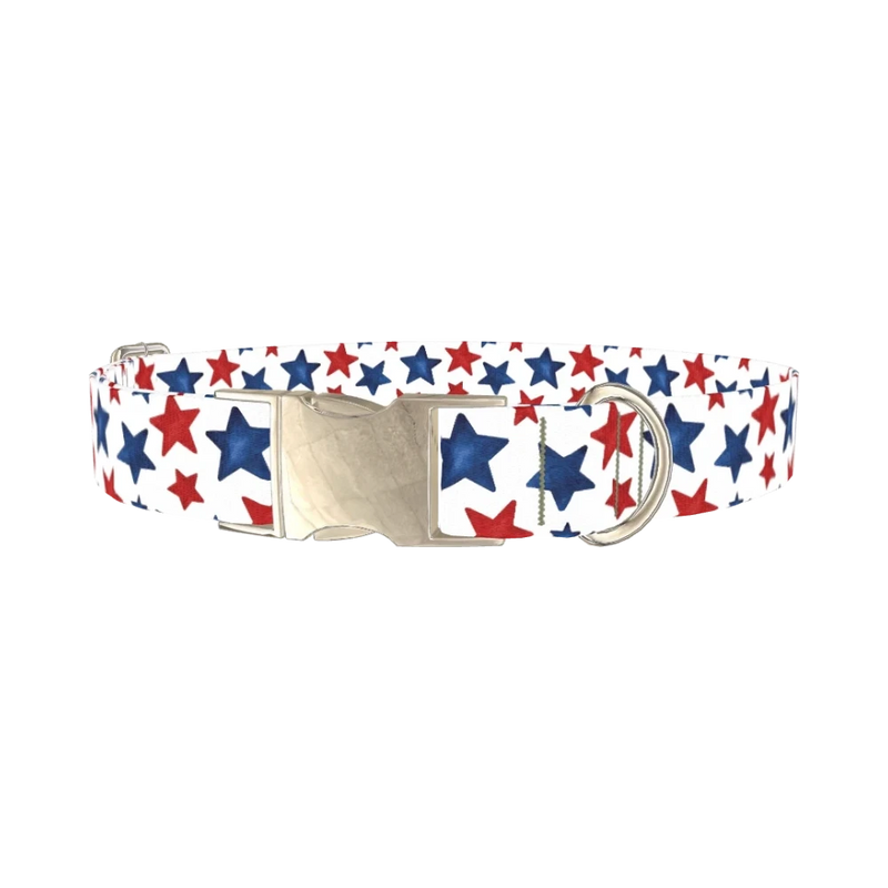 Red Blue Star Pattern Dog Collar - metal silver