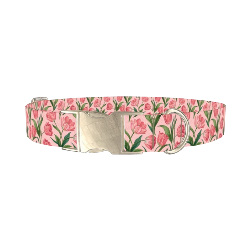 Pink Tulip Blossom Dog Collar - metal silver