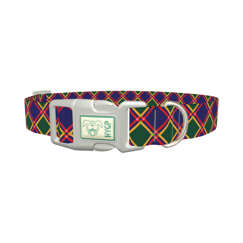 Festive Blue Plaid Dog Collar - plastic silver