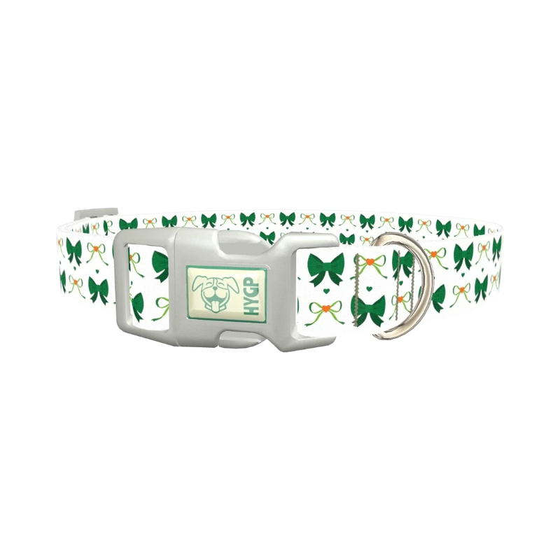 Green Bow Heart Dog Collar - plastic silver