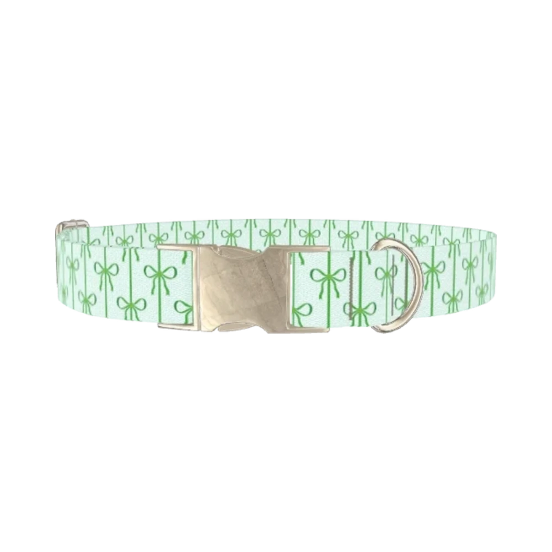 Green Bow Pattern Dog Collar - metal silver