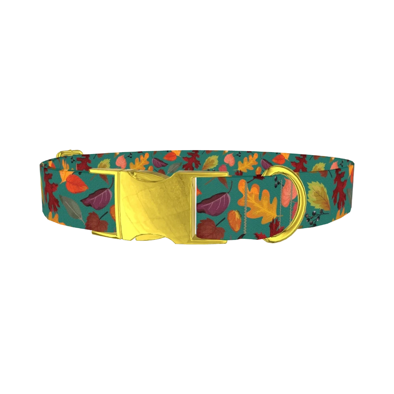 Teal Autumn Foliage Dog Collar - metal gold