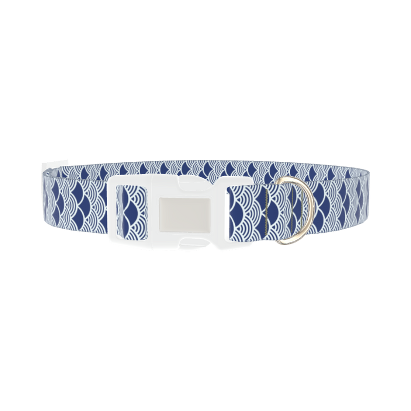 Blue Japanese Wave Dog Collar - plastic silver