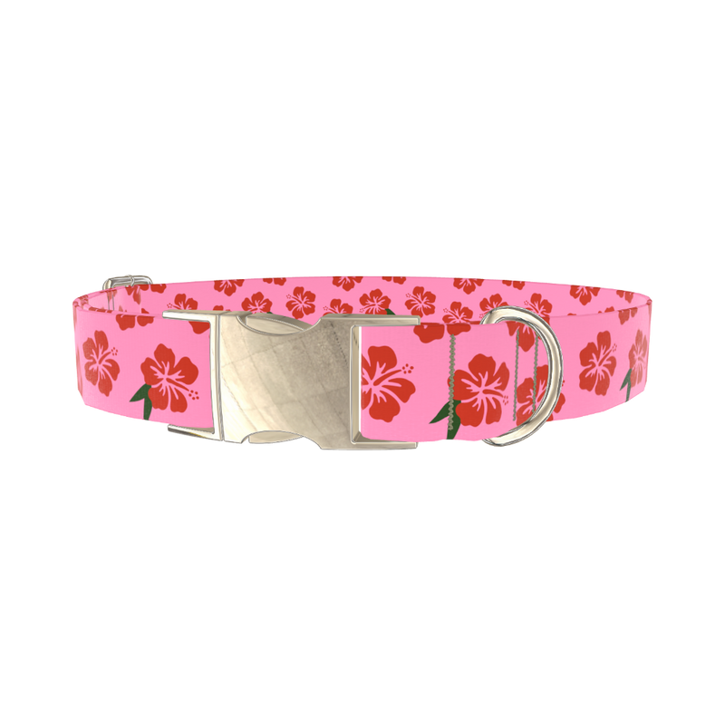Pink Hibiscus Floral Dog Collar - metal silver