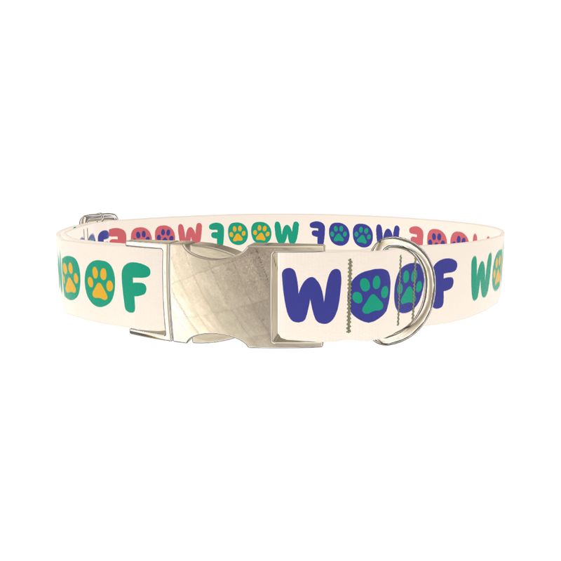 Woof Paw Print Dog Collar - metal silver