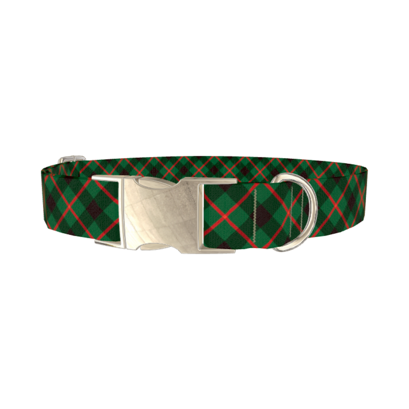 Dark Green Christmas Plaid Dog Collar - metal silver