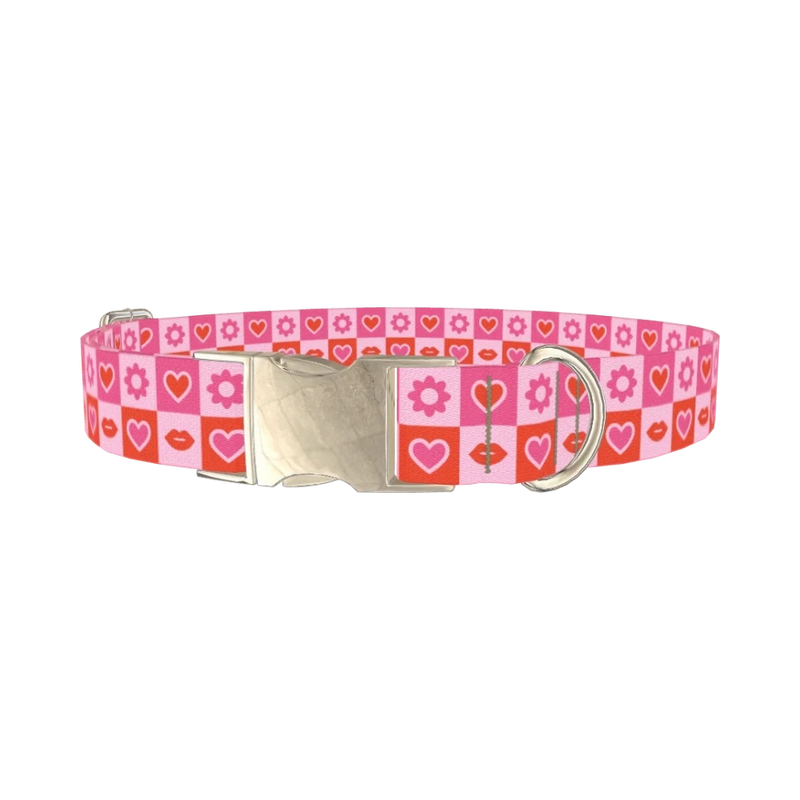 Valentine Hearts and Lips Dog Collar - metal silver