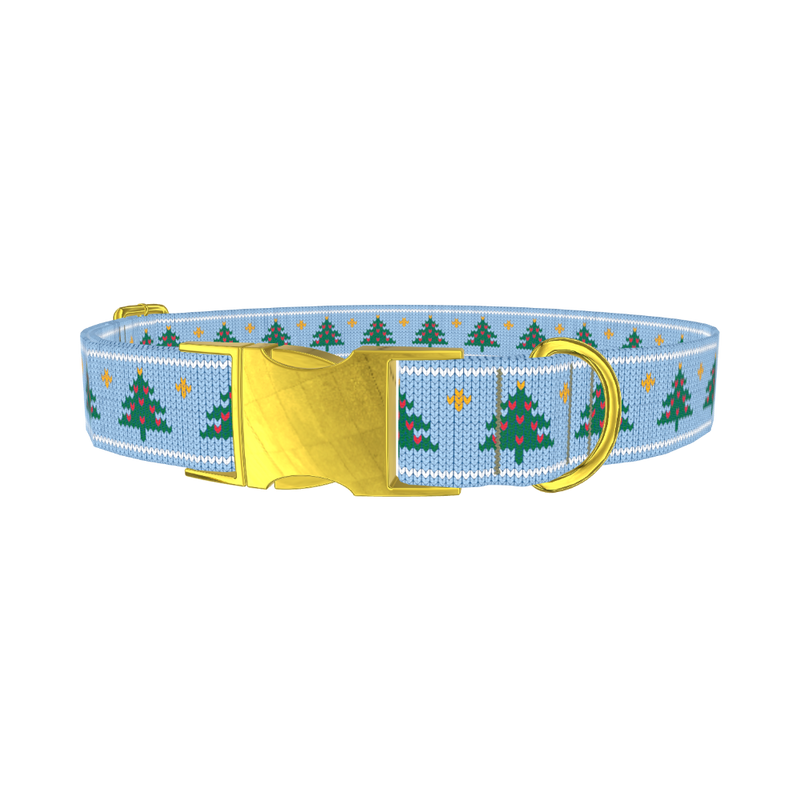 Blue Knitted Christmas Tree Dog Collar - metal gold