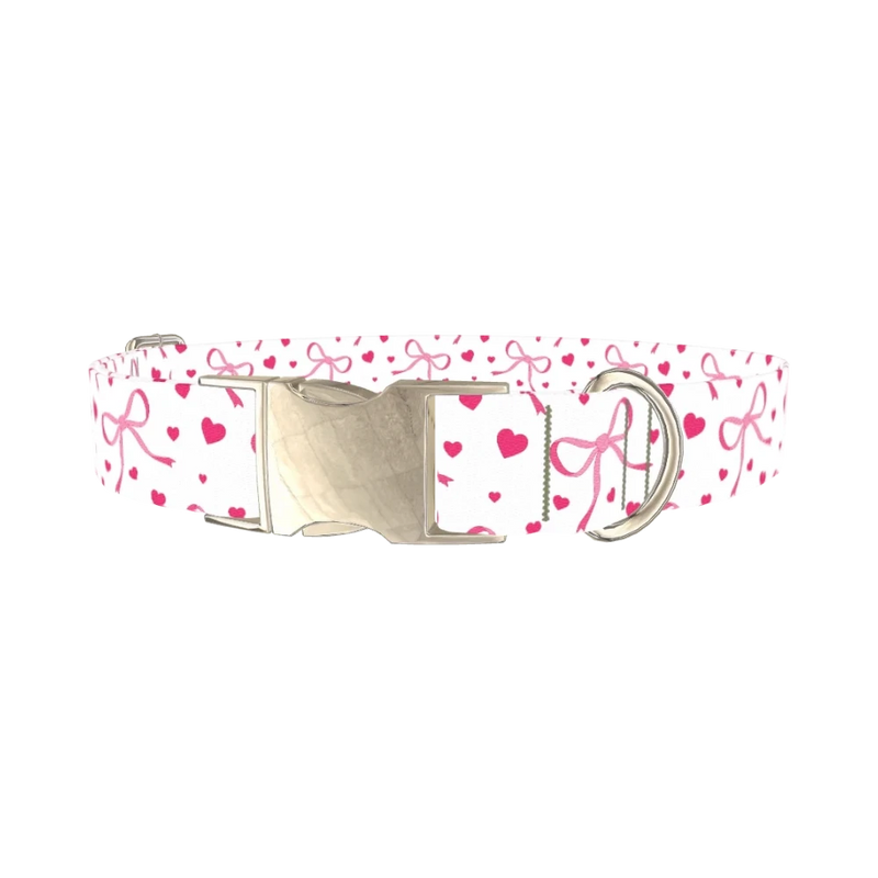 Light Pink Ribbon Heart Dog Collar - metal silver