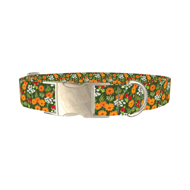 Bright Meadow Flowers Dog Collar - metal silver