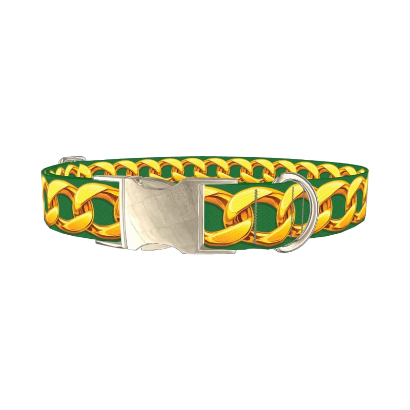 Gold Chain Green Background Dog Collar - metal silver
