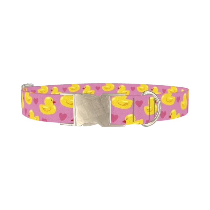 Yellow Duck Heart Dog Collar - metal silver