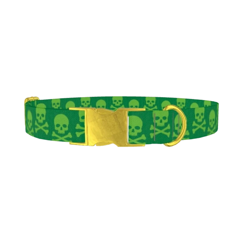 Green Skull Pattern Dog Collar - metal gold