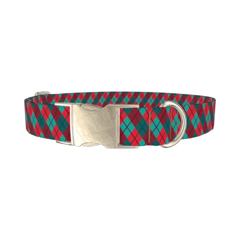 Rhombus Christmas Plaid Dog Collar - metal silver