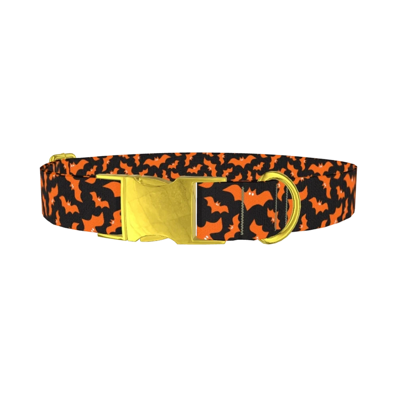Orange Halloween Bat Pattern Dog Collar - metal gold