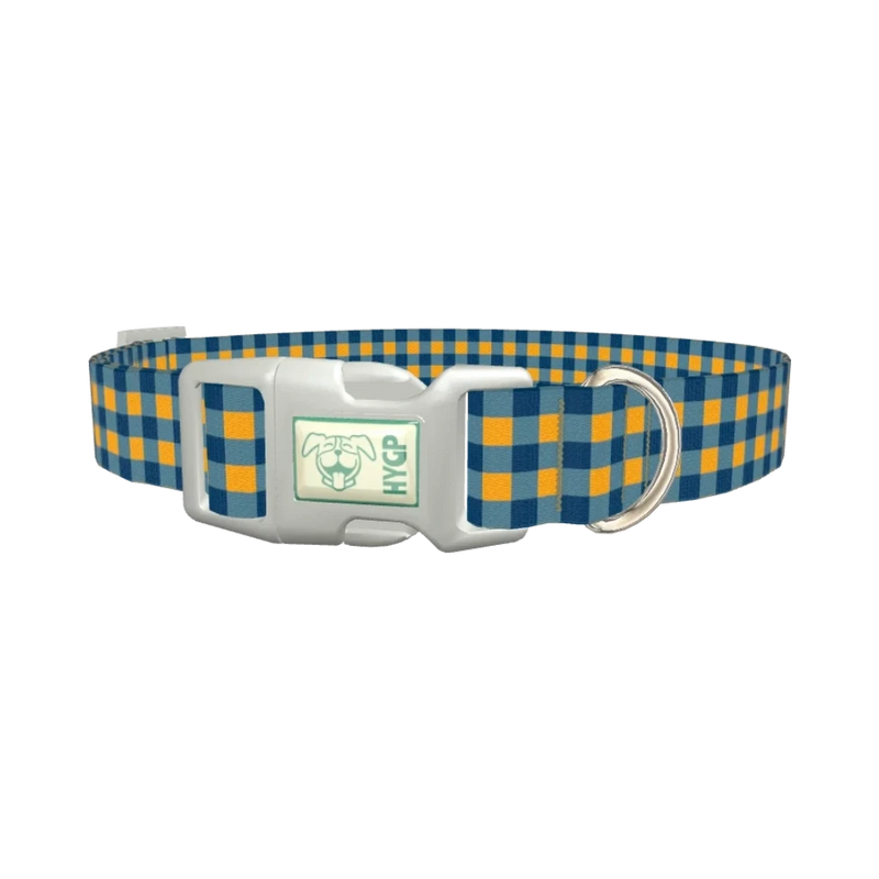 Yellow Blue Checkered Dog Collar - plastic silver