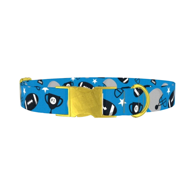 Blue Striped Football Dog Collar - metal gold