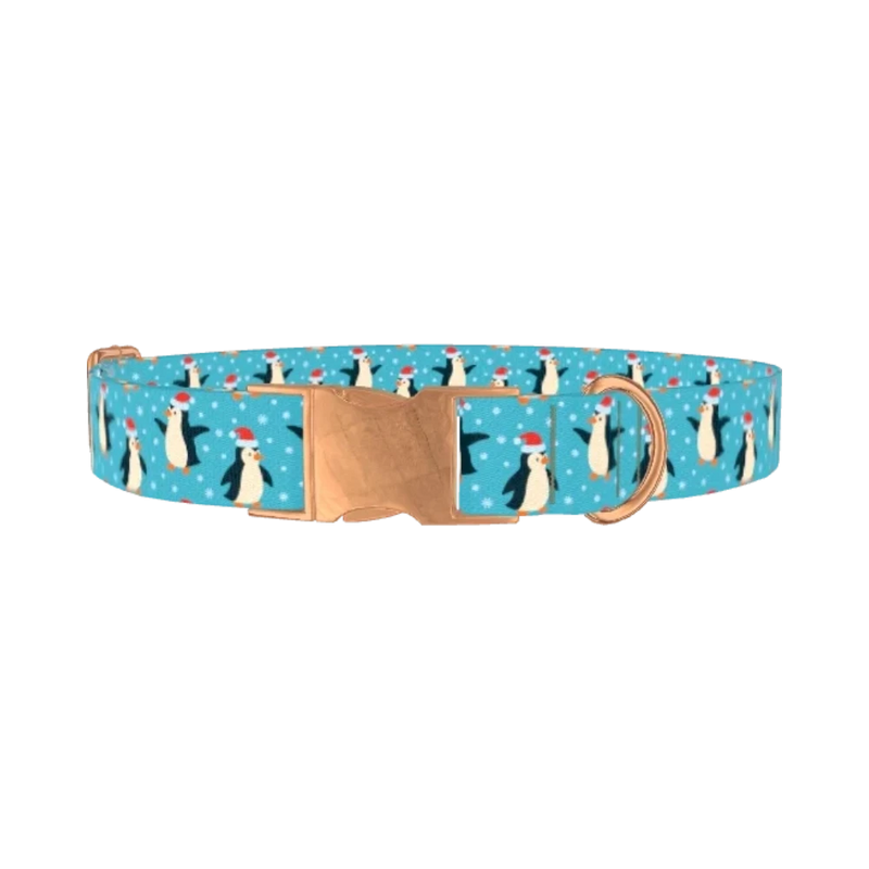 Christmas Penguin Dog Collar - metal rose gold