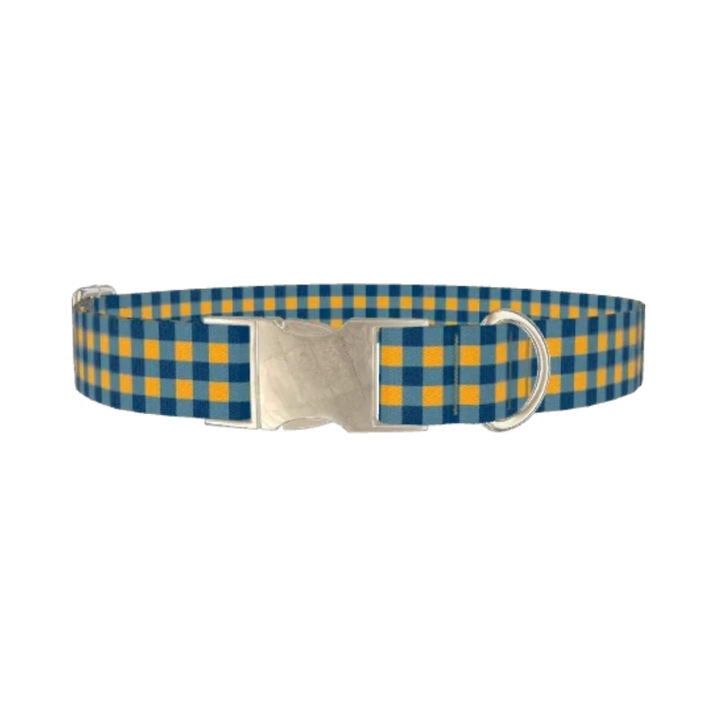 Yellow Blue Checkered Dog Collar - metal silver