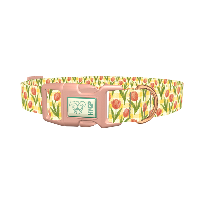 Floral Tulip Plaid Dog Collar - plastic rose gold