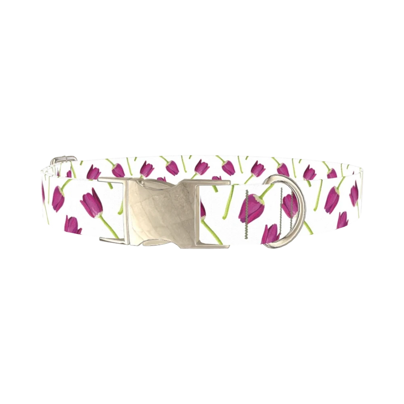 Purple Tulip Floral Dog Collar - metal silver