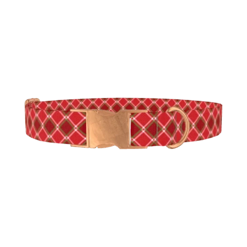 Festive Pink Red Plaid Dog Collar - metal rose gold