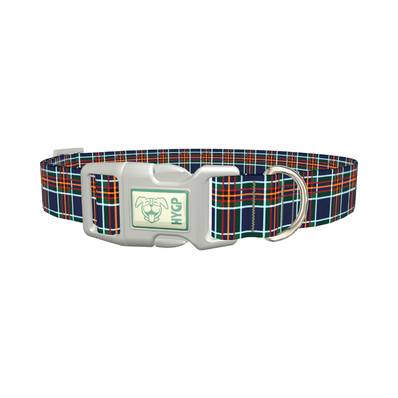 Dark Blue Festive Plaid Dog Collar - plastic silver