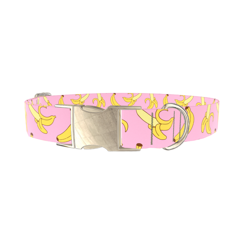 Pink Banana Pattern Dog Collar - metal silver
