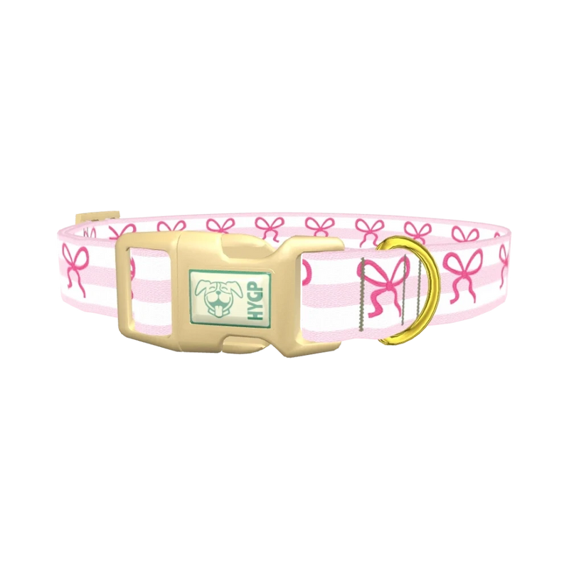 Pink Bow Stripe Dog Collar - plastic gold