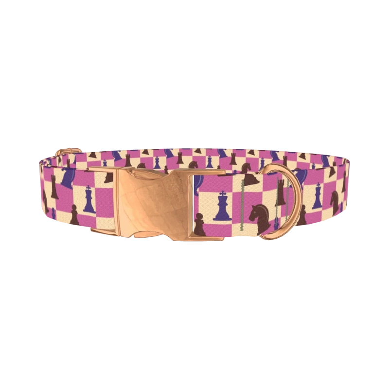 Checkered Chess Pieces Dog Collar - metal rose gold