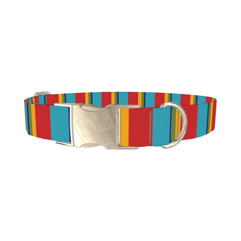 Red Turquoise Stripe Dog Collar - metal silver