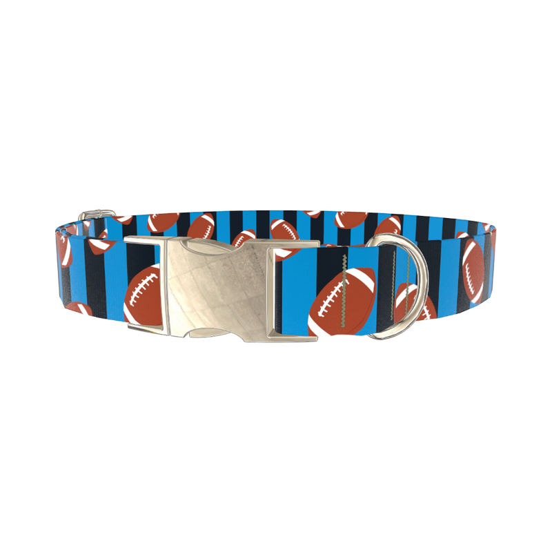 Blue Striped Football Dog Collar - metal silver