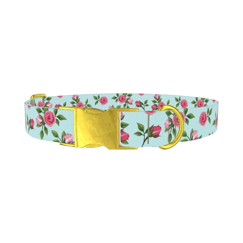 Pink Rose Blossom Dog Collar - metal gold