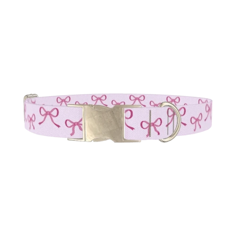Pink Bow Design Dog Collar - metal silver