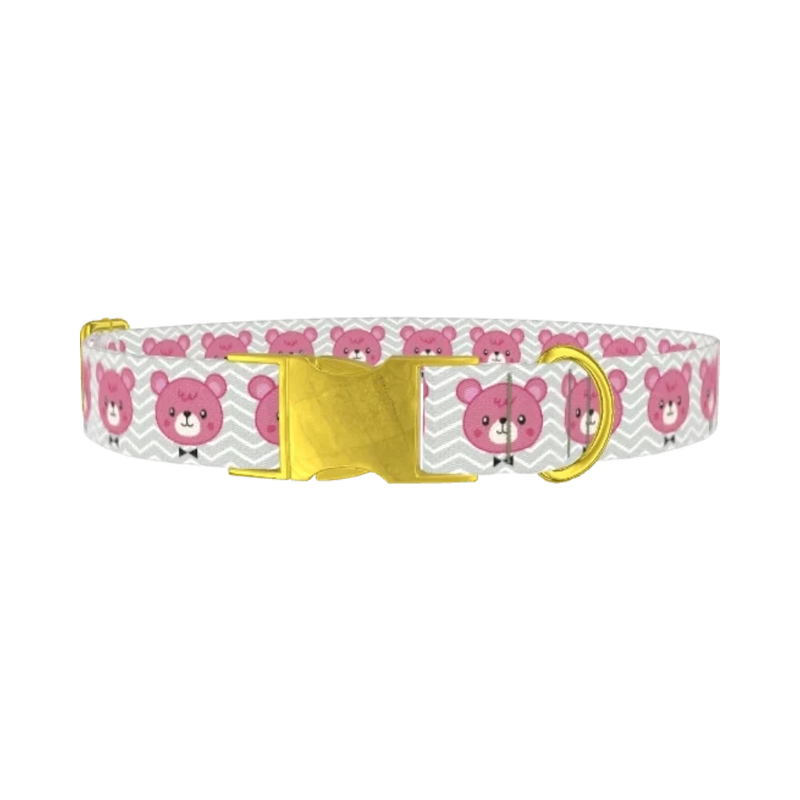Pink Teddy Bear Dog Collar - metal gold