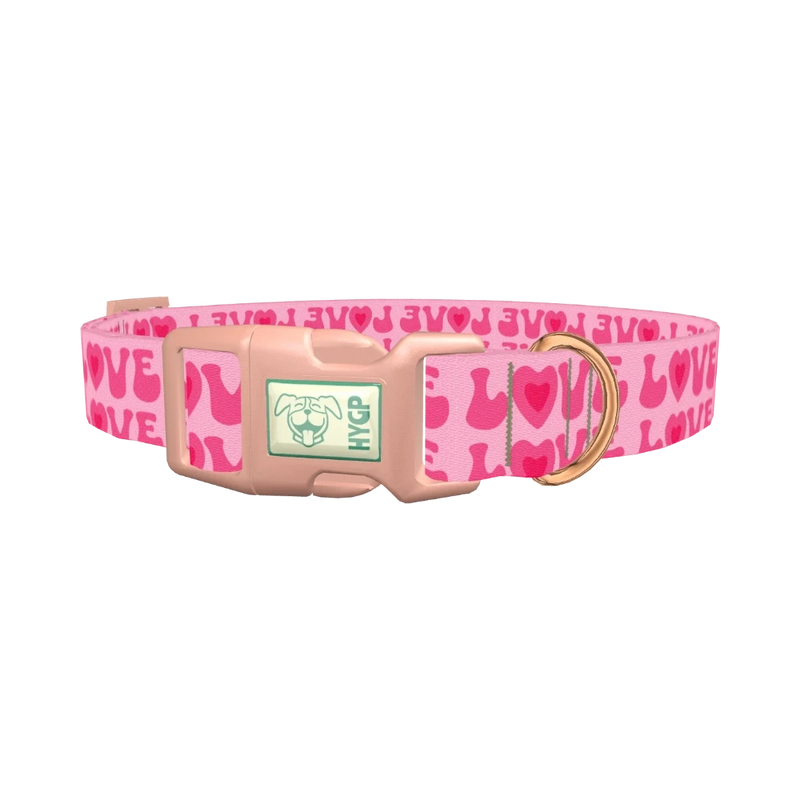 Peace Love Woof Dog Collar - plastic rose gold