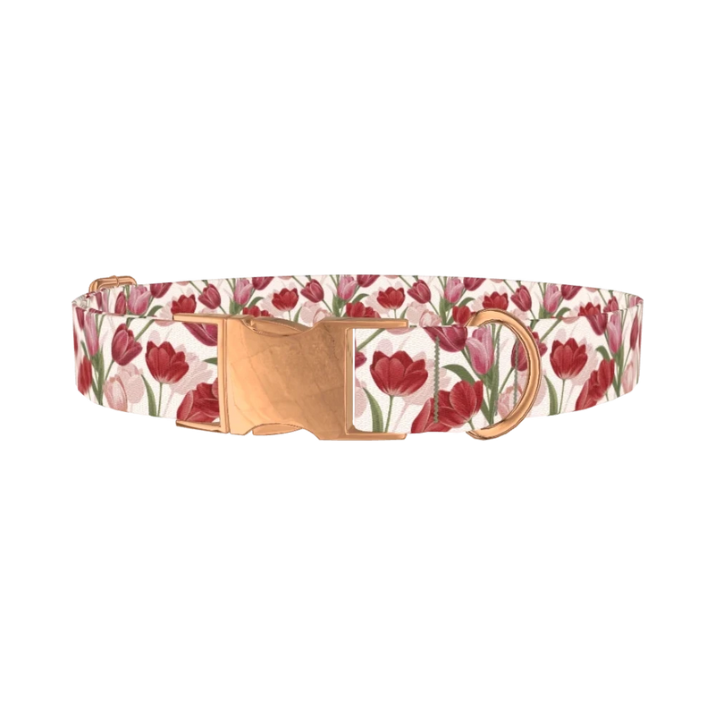 Red Pink Tulip Dog Collar - metal rose gold