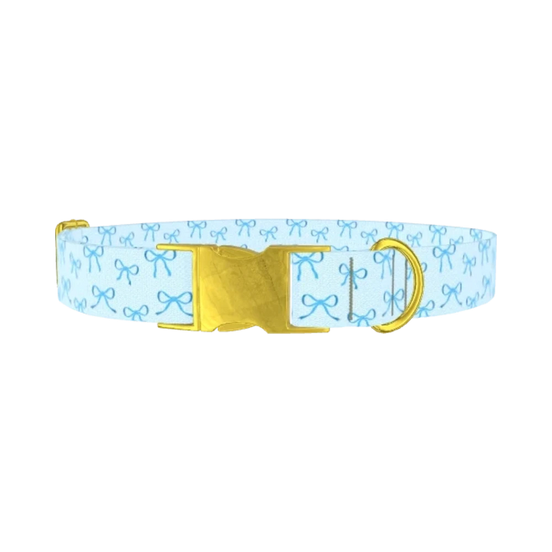 Blue Bow Pattern Dog Collar - metal gold