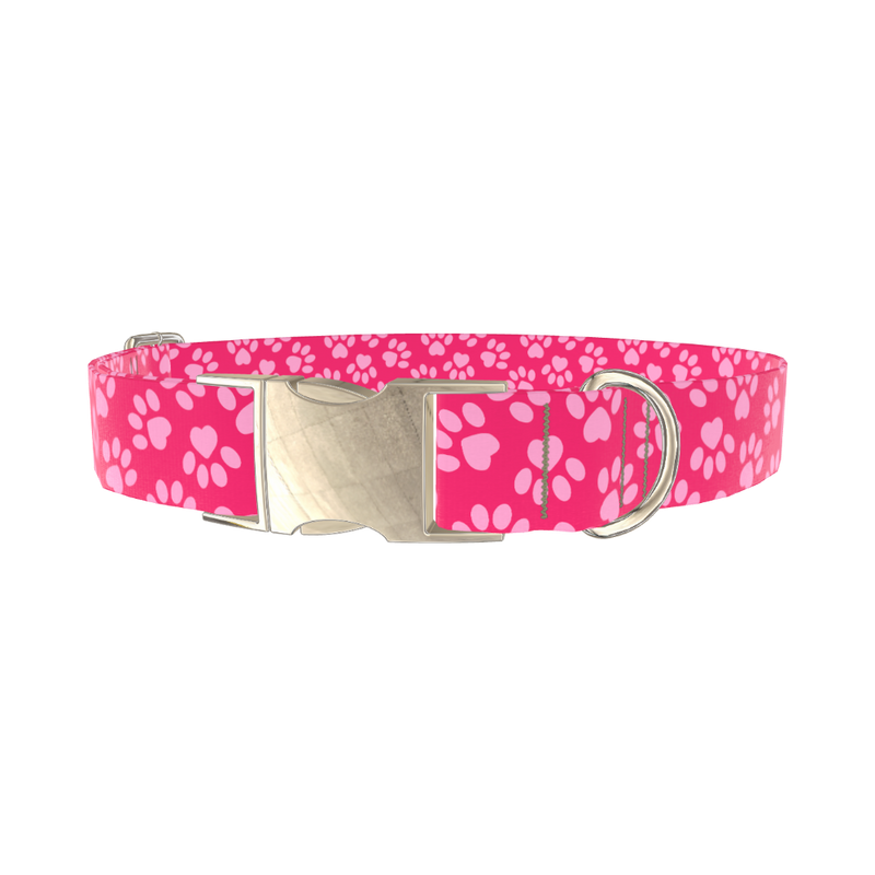 Pink Heart Paw Print Dog Collar - metal gold