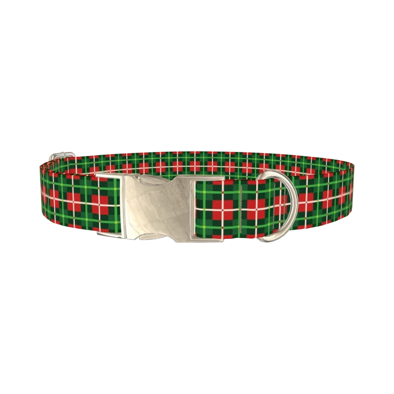 Green White Plaid Dog Collar - metal silver