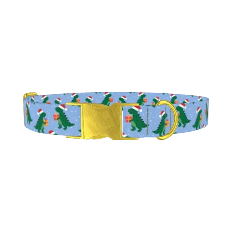 Christmas Dinosaur Dog Collar - metal gold