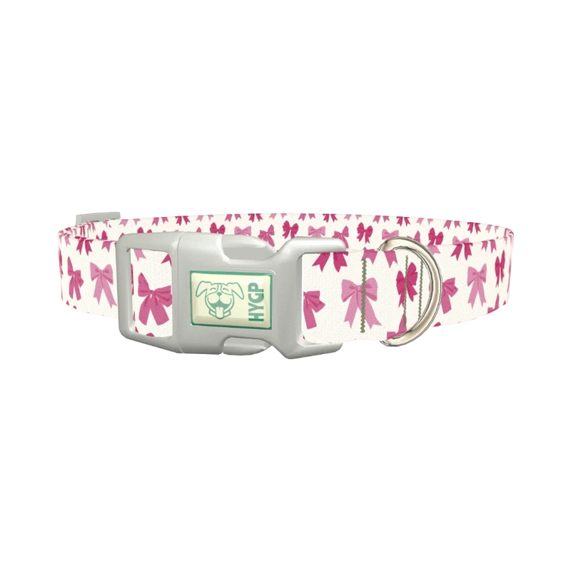 Pink Ribbon Bow Dog Collar - plastic silver