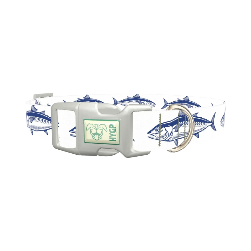 Dark Blue Fish Pattern Dog Collar - plastic silver