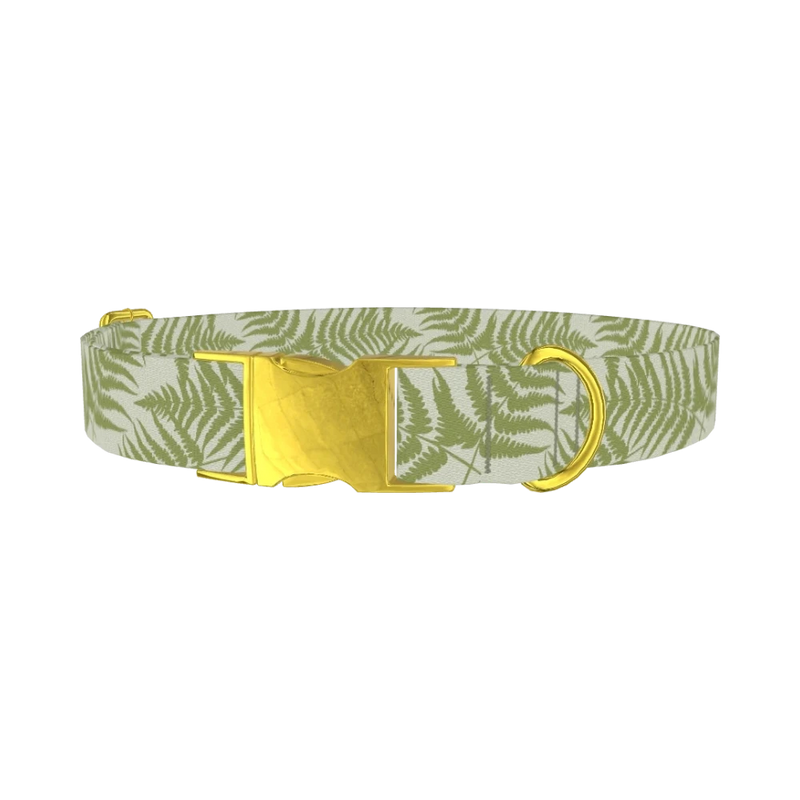 Green Fern Pattern Dog Collar - metal gold